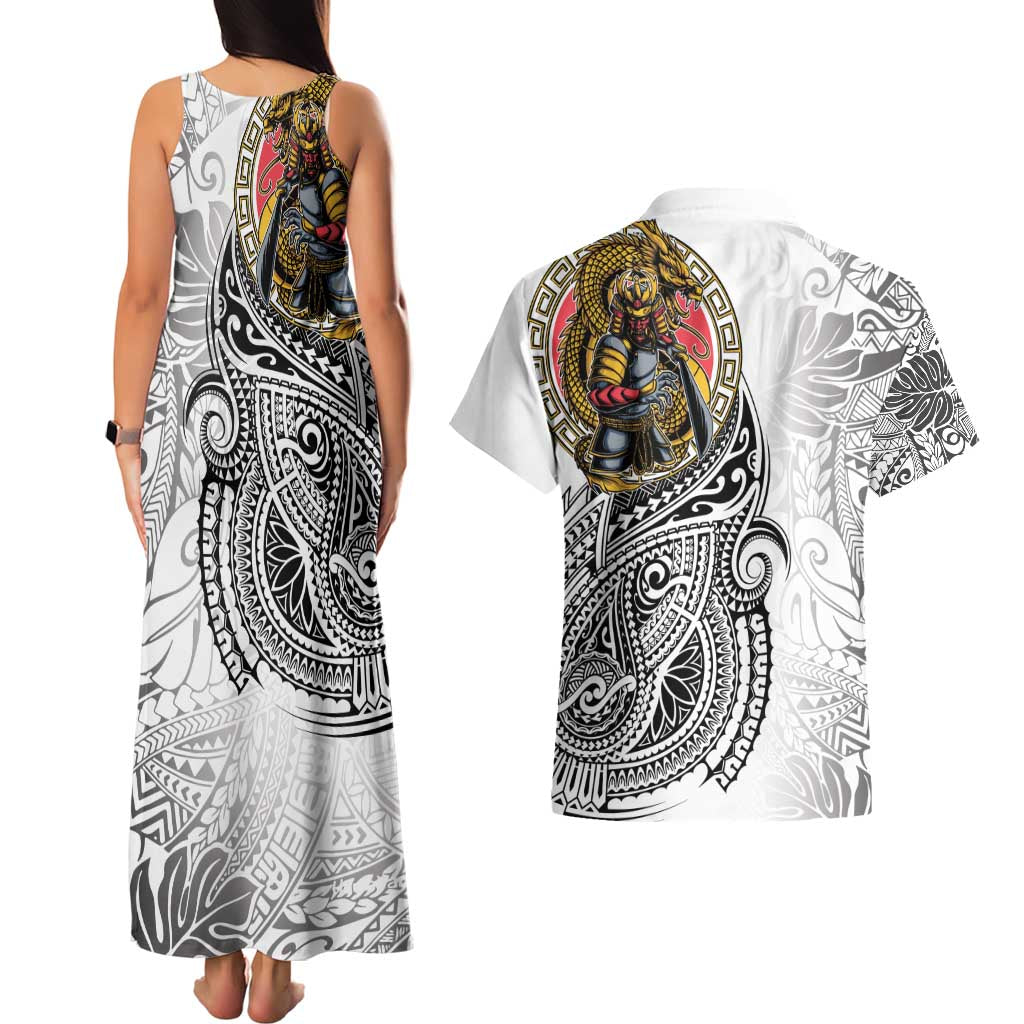 Japanese Samurai Warrior Couples Matching Tank Maxi Dress and Hawaiian Shirt White Polynesian Tattoo Style