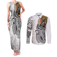 Japanese Samurai Warrior Couples Matching Tank Maxi Dress and Long Sleeve Button Shirt White Polynesian Tattoo Style