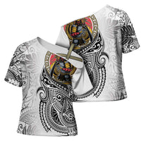 Japanese Samurai Warrior Cross Shoulder Shirt White Polynesian Tattoo Style - Polynesian Pride