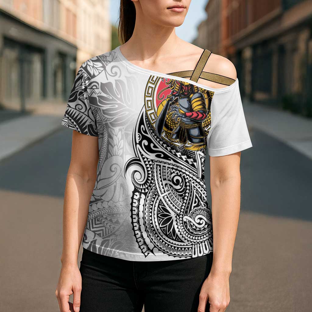 Japanese Samurai Warrior Cross Shoulder Shirt White Polynesian Tattoo Style - Polynesian Pride