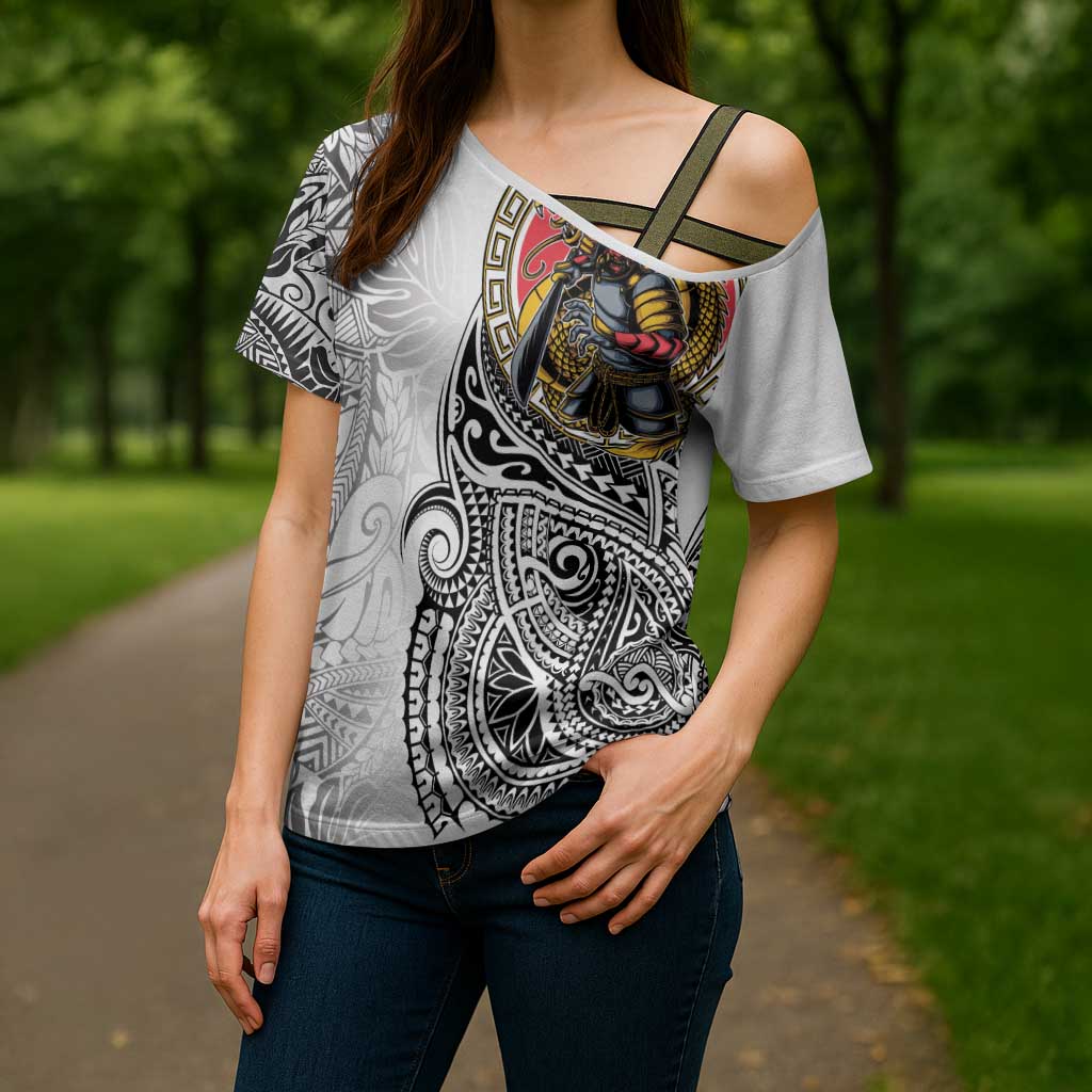 Japanese Samurai Warrior Cross Shoulder Shirt White Polynesian Tattoo Style - Polynesian Pride