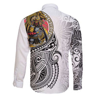 Japanese Samurai Warrior Family Matching Long Sleeve Bodycon Dress and Hawaiian Shirt White Polynesian Tattoo Style
