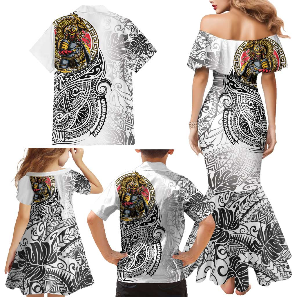 Japanese Samurai Warrior Family Matching Mermaid Dress and Hawaiian Shirt White Polynesian Tattoo Style