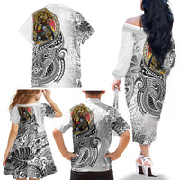 Japanese Samurai Warrior Family Matching Off The Shoulder Long Sleeve Dress and Hawaiian Shirt White Polynesian Tattoo Style