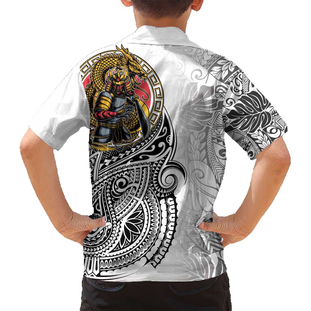 Japanese Samurai Warrior Family Matching Off Shoulder Maxi Dress and Hawaiian Shirt White Polynesian Tattoo Style