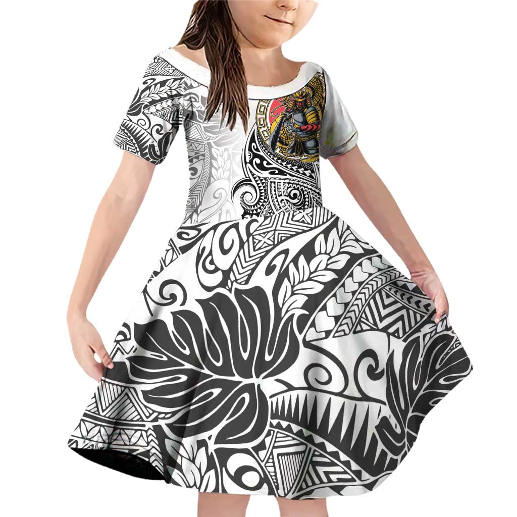 Japanese Samurai Warrior Family Matching Off Shoulder Short Dress and Hawaiian Shirt White Polynesian Tattoo Style