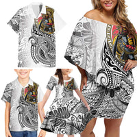 Japanese Samurai Warrior Family Matching Off Shoulder Short Dress and Hawaiian Shirt White Polynesian Tattoo Style