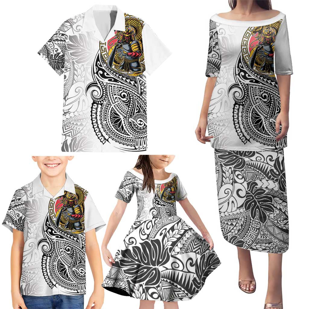 Japanese Samurai Warrior Family Matching Puletasi and Hawaiian Shirt White Polynesian Tattoo Style