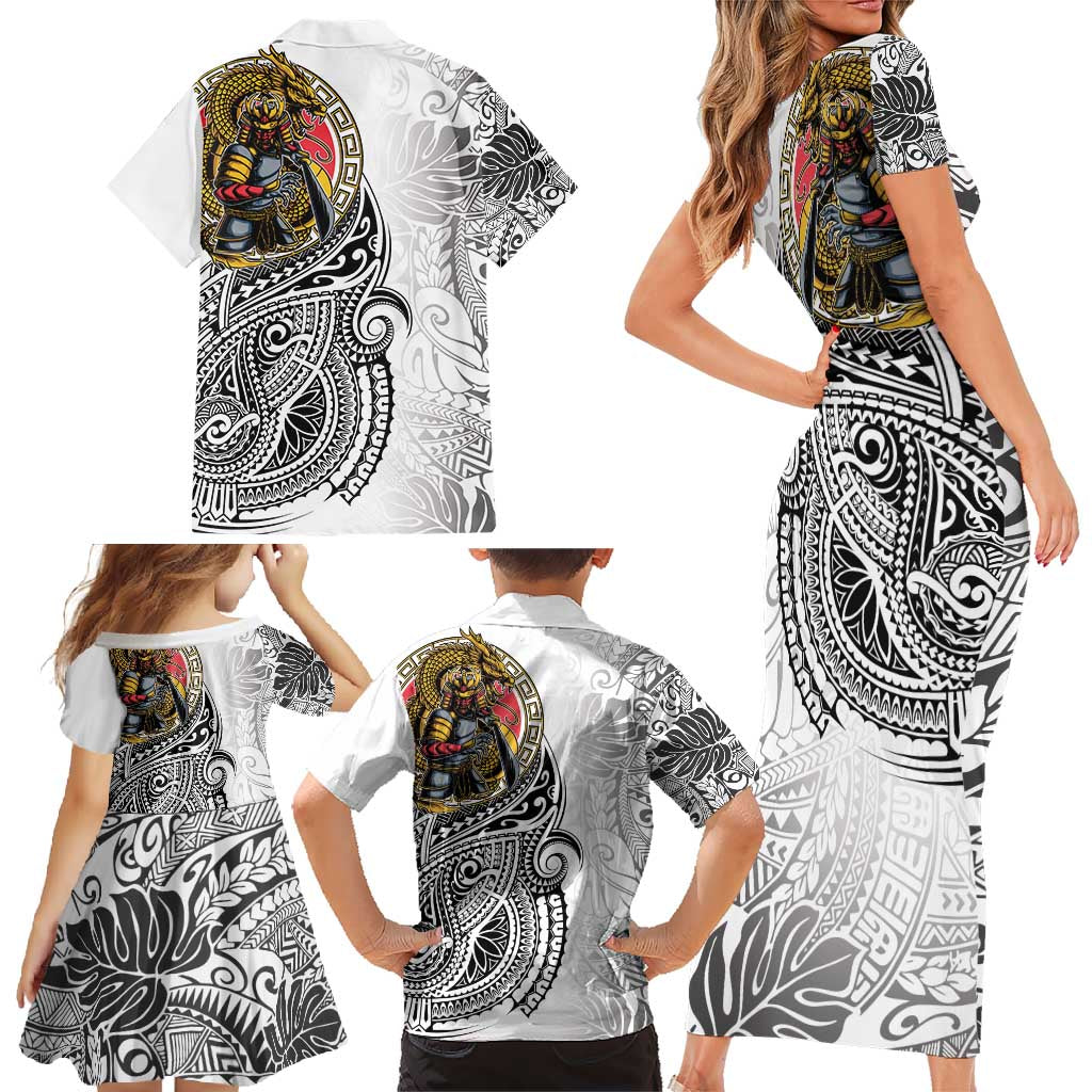 Japanese Samurai Warrior Family Matching Short Sleeve Bodycon Dress and Hawaiian Shirt White Polynesian Tattoo Style