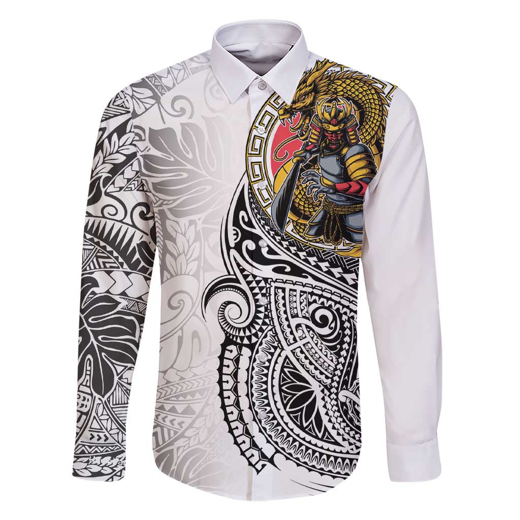 Japanese Samurai Warrior Family Matching Short Sleeve Bodycon Dress and Hawaiian Shirt White Polynesian Tattoo Style