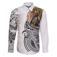 Japanese Samurai Warrior Family Matching Short Sleeve Bodycon Dress and Hawaiian Shirt White Polynesian Tattoo Style