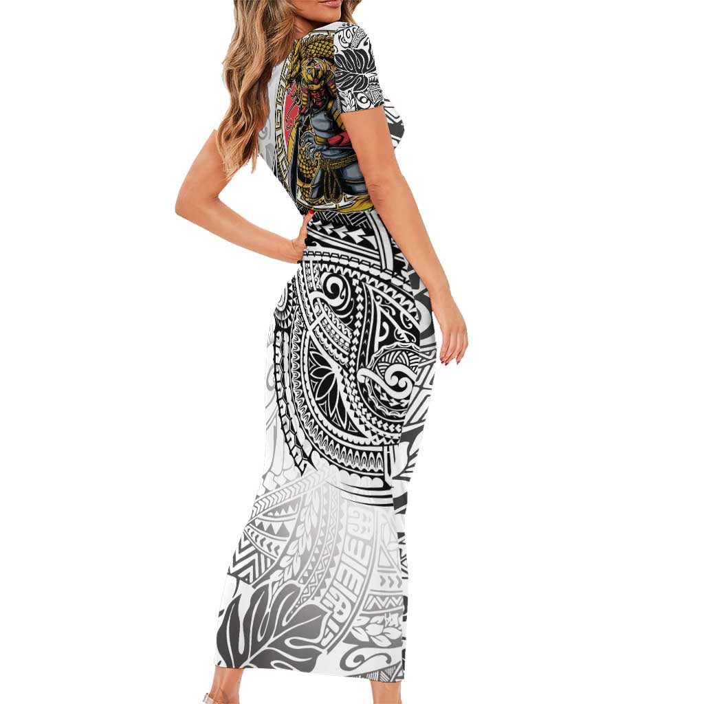 Japanese Samurai Warrior Family Matching Short Sleeve Bodycon Dress and Hawaiian Shirt White Polynesian Tattoo Style