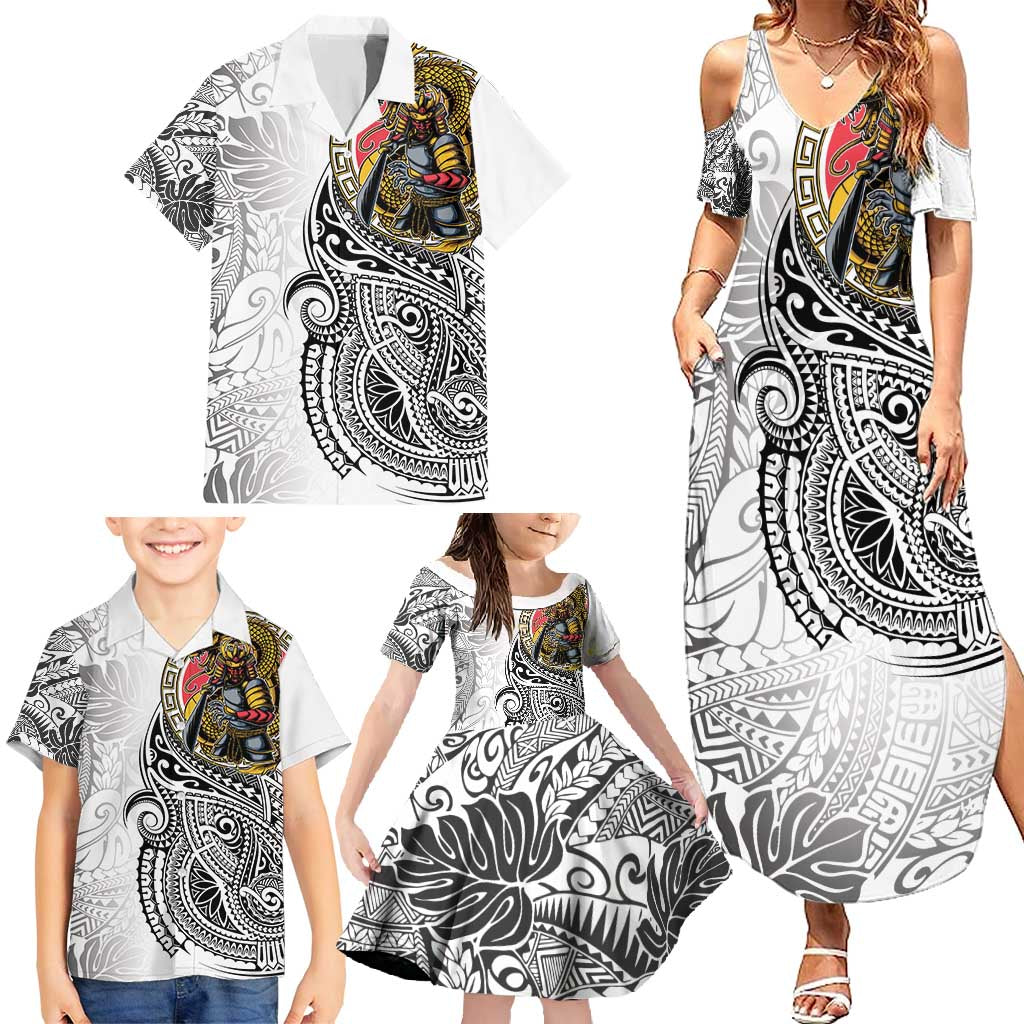 Japanese Samurai Warrior Family Matching Summer Maxi Dress and Hawaiian Shirt White Polynesian Tattoo Style