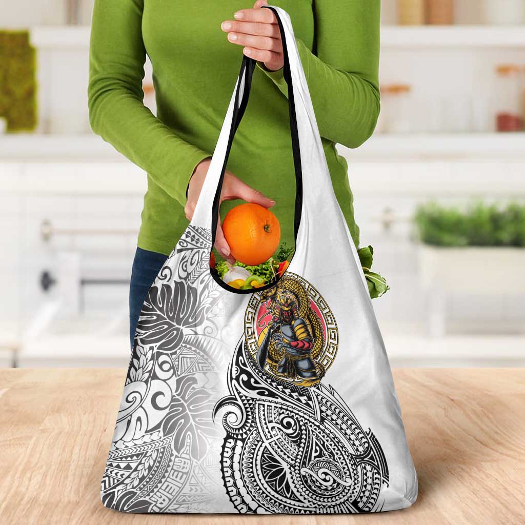 Japanese Samurai Warrior Grocery Bag White Polynesian Tattoo Style
