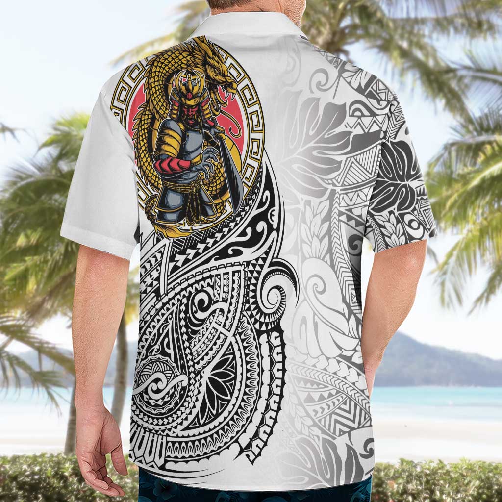 Japanese Samurai Warrior Hawaiian Shirt White Polynesian Tattoo Style