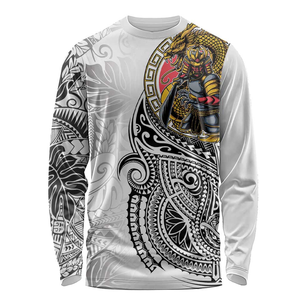 Japanese Samurai Warrior Long Sleeve Shirt White Polynesian Tattoo Style LT9 Unisex White - Polynesian Pride