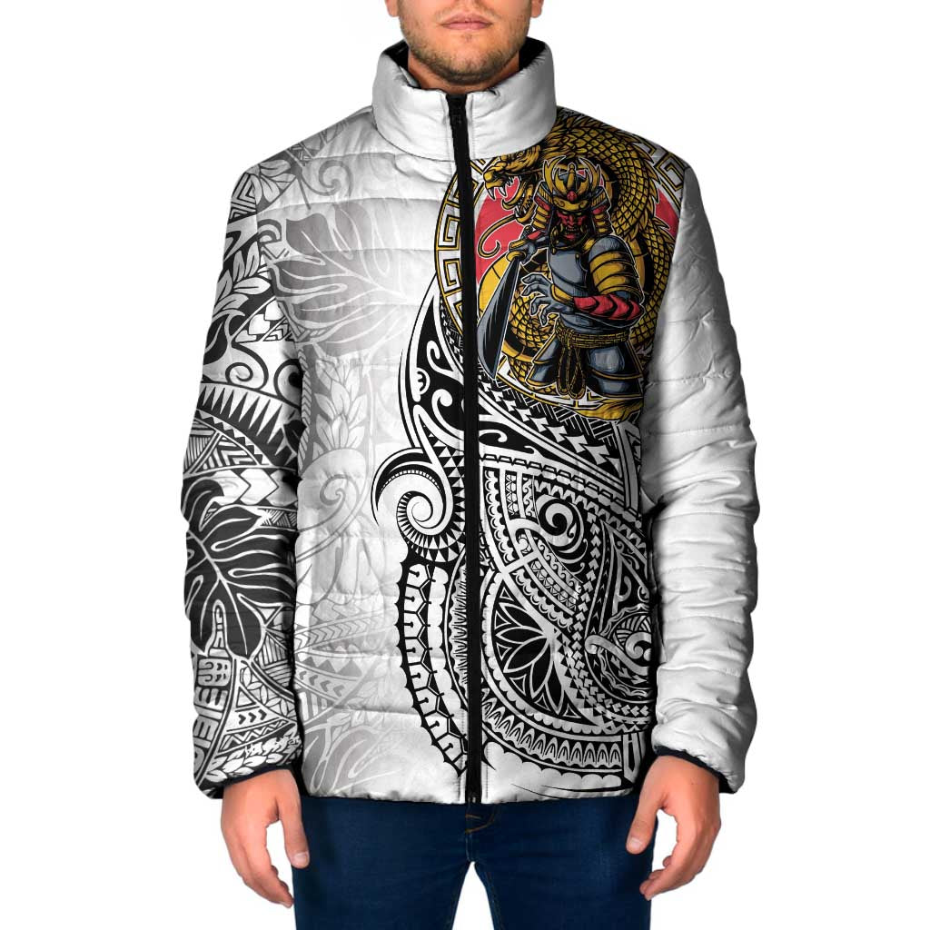 Japanese Samurai Warrior Padded Jacket White Polynesian Tattoo Style - Polynesian Pride