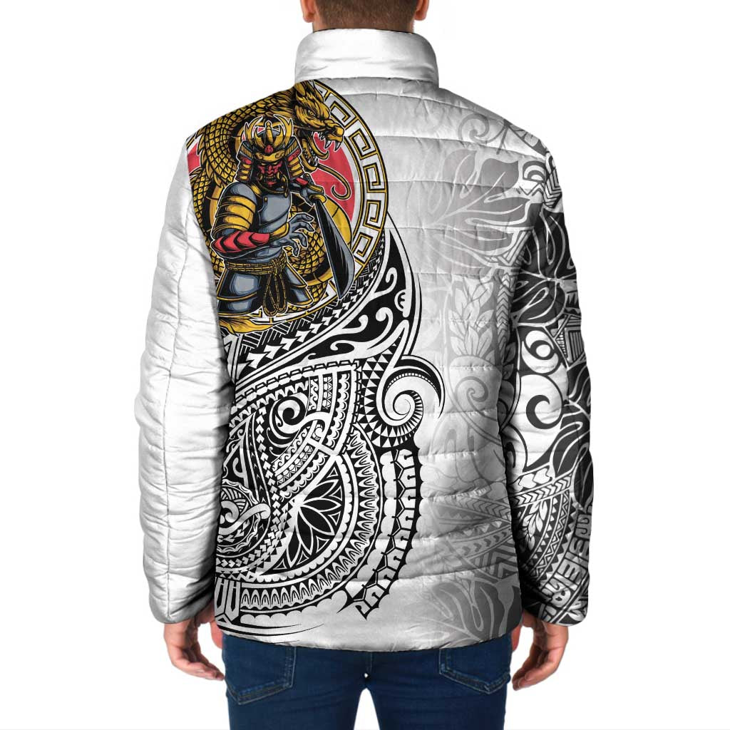 Japanese Samurai Warrior Padded Jacket White Polynesian Tattoo Style - Polynesian Pride