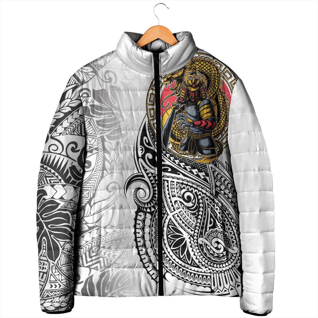 Japanese Samurai Warrior Padded Jacket White Polynesian Tattoo Style - Polynesian Pride
