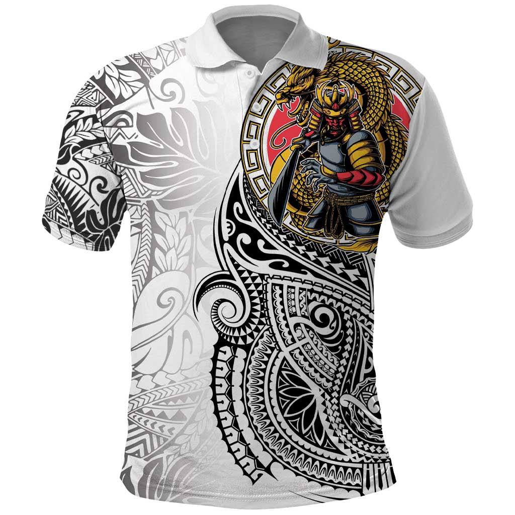 Japanese Samurai Warrior Polo Shirt White Polynesian Tattoo Style