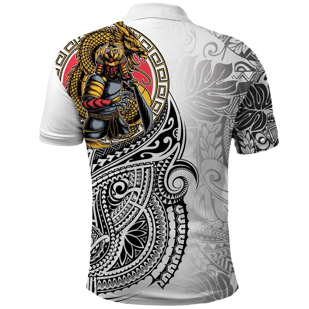 Japanese Samurai Warrior Polo Shirt White Polynesian Tattoo Style LT9 - Polynesian Pride