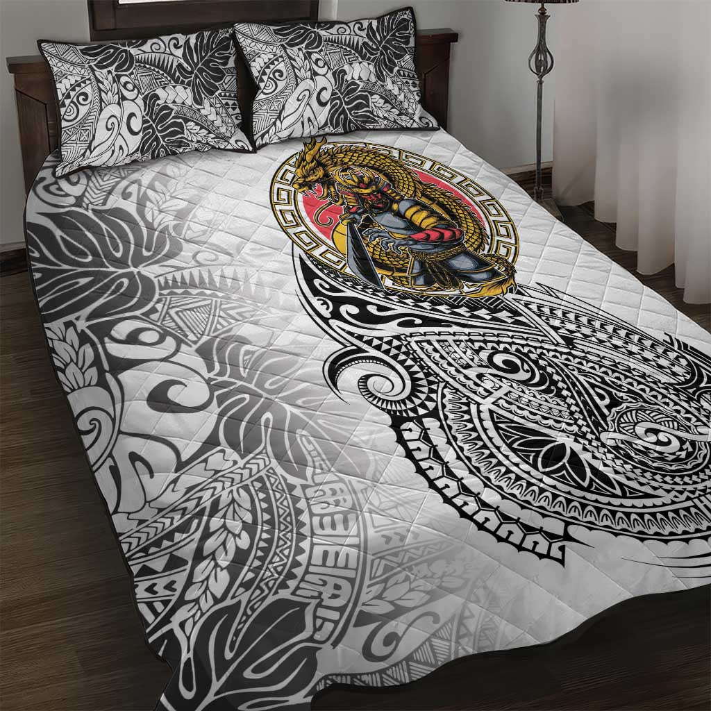 Japanese Samurai Warrior Quilt Bed Set White Polynesian Tattoo Style