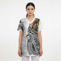 Japanese Samurai Warrior Scrub Top White Polynesian Tattoo Style - Polynesian Pride