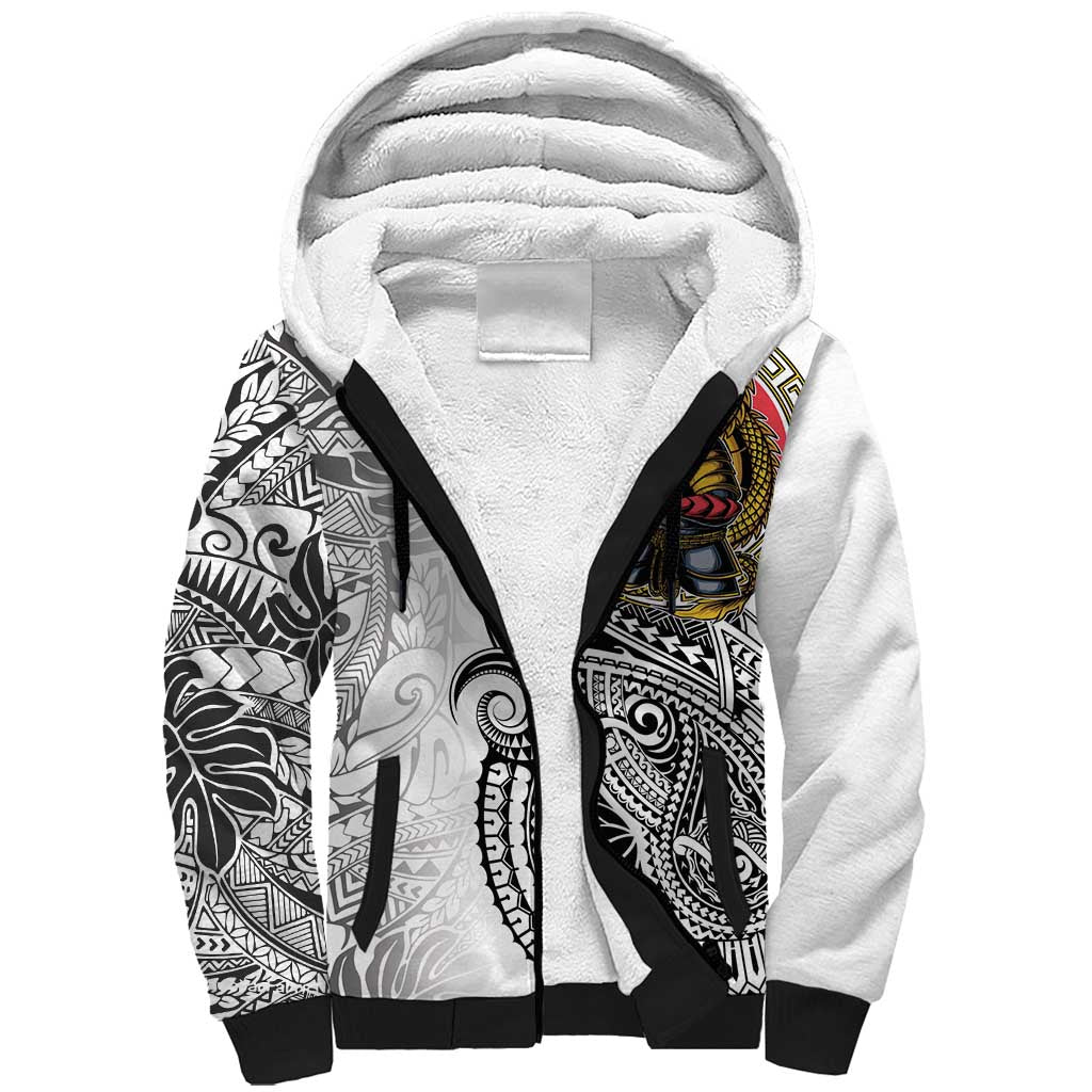 Japanese Samurai Warrior Sherpa Hoodie White Polynesian Tattoo Style