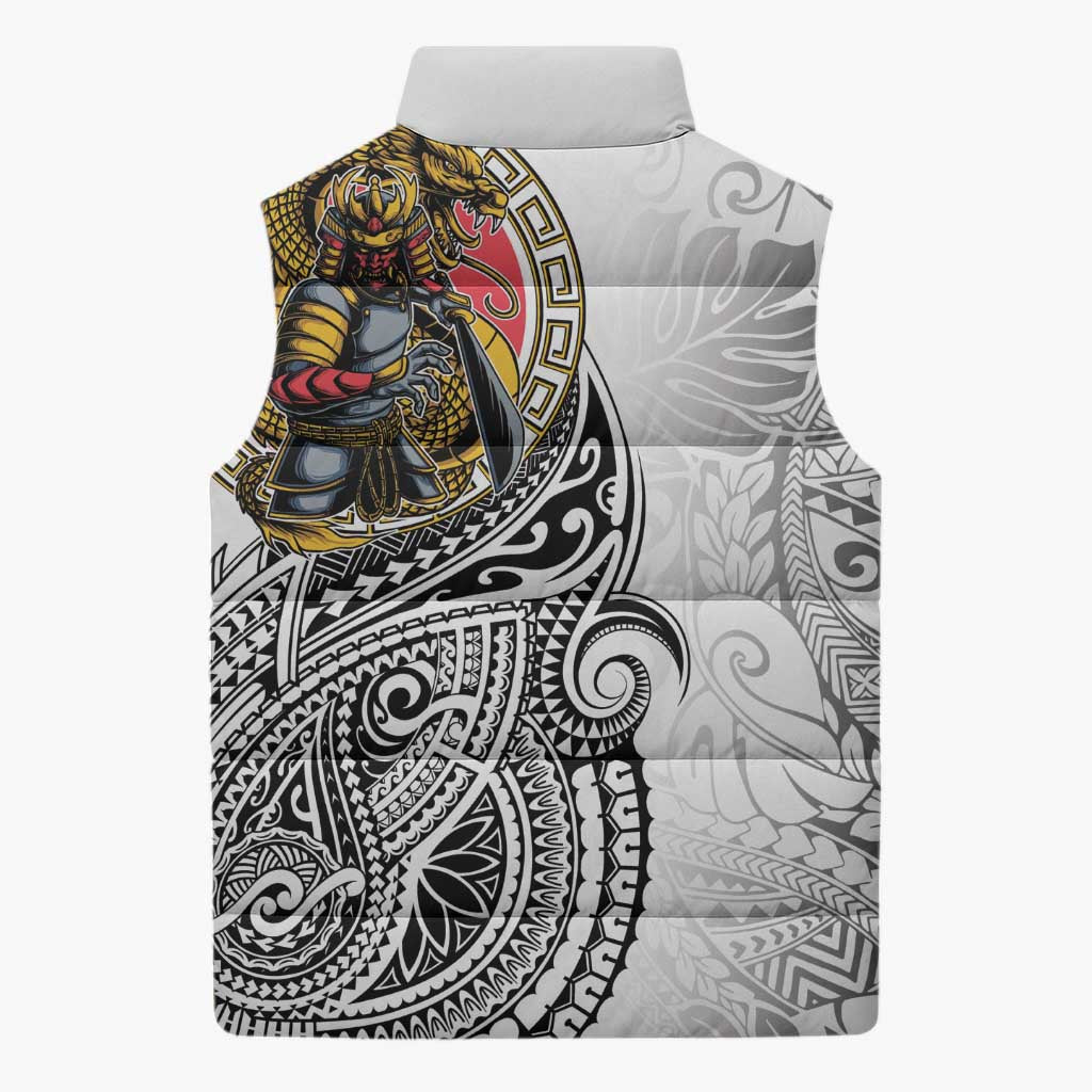 Japanese Samurai Warrior Sleeveless Puffer Jacket White Polynesian Tattoo Style - Polynesian Pride