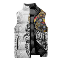 Japanese Samurai Warrior Sleeveless Puffer Jacket White Polynesian Tattoo Style - Polynesian Pride