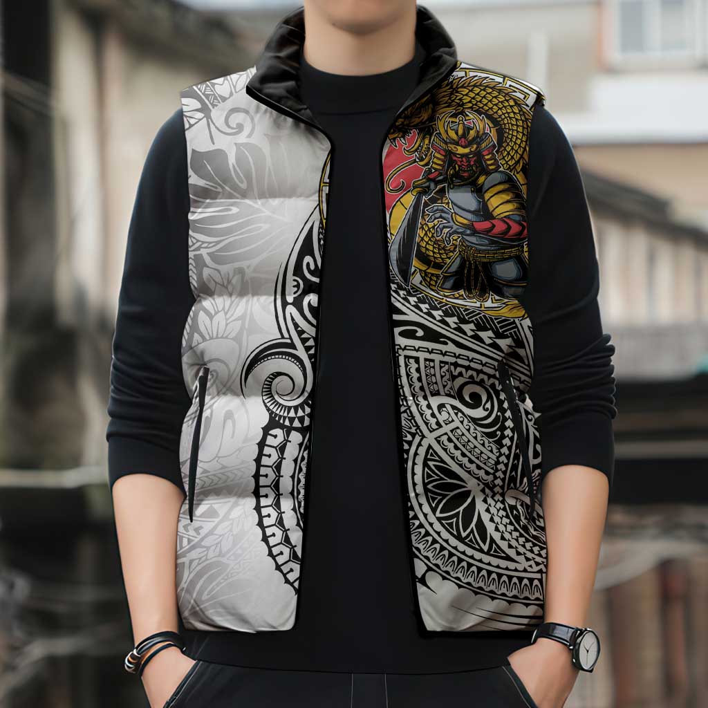 Japanese Samurai Warrior Sleeveless Puffer Jacket White Polynesian Tattoo Style - Polynesian Pride
