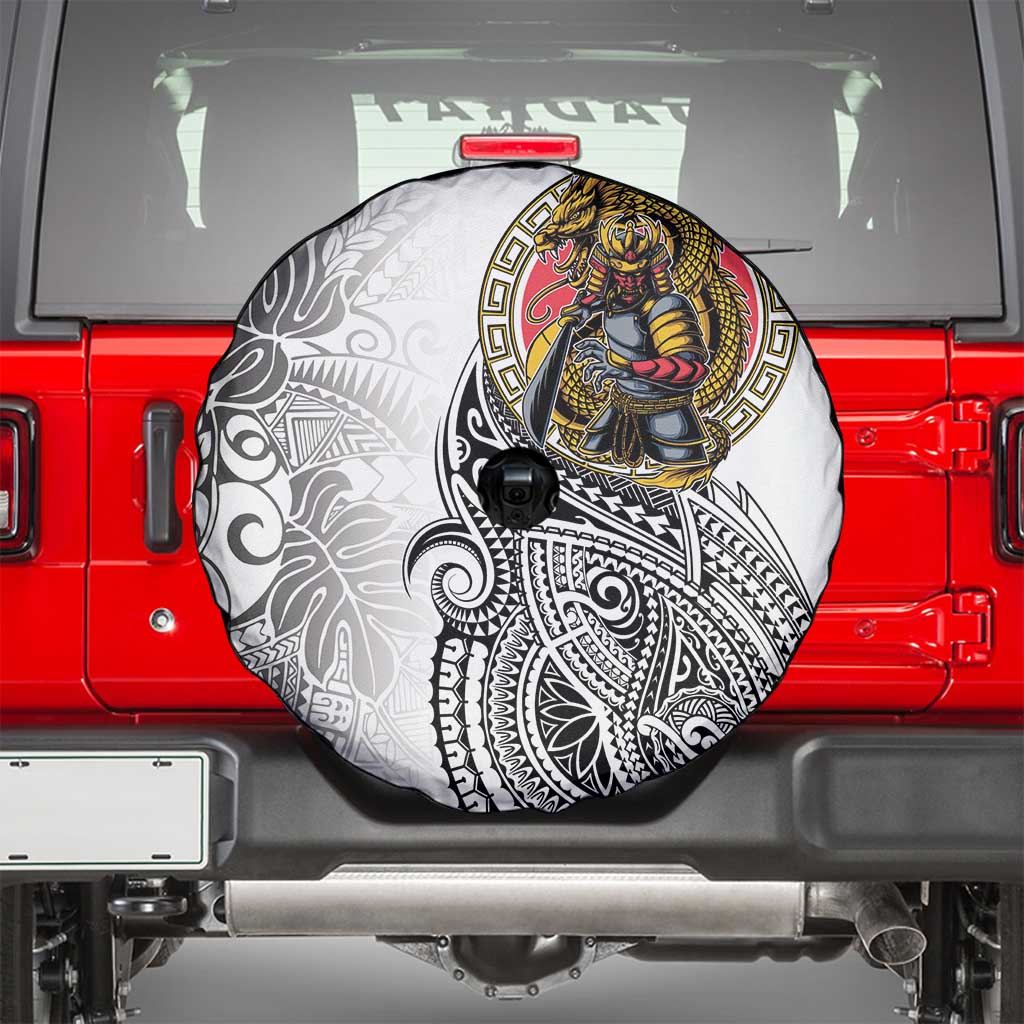 Japanese Samurai Warrior Spare Tire Cover White Polynesian Tattoo Style