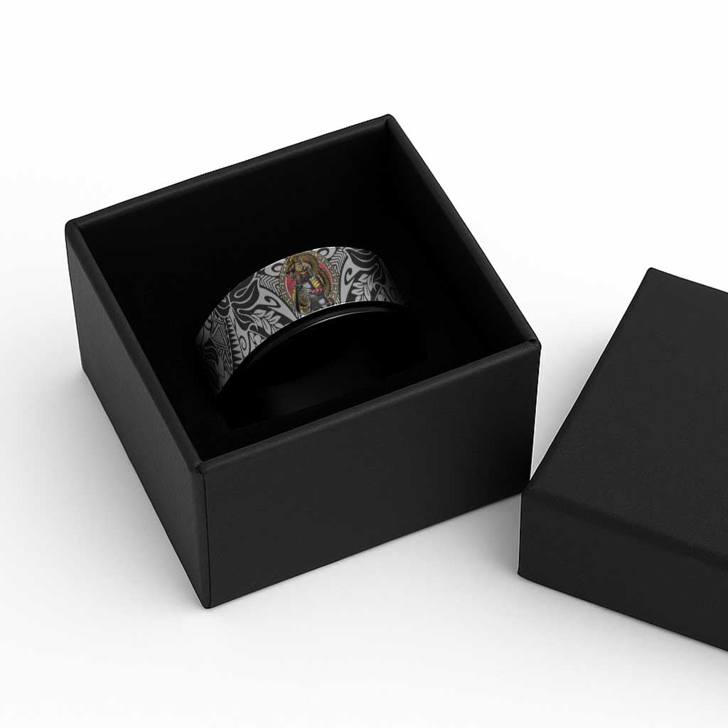 Japanese Samurai Warrior Spinner Ring White Polynesian Tattoo Style - Polynesian Pride