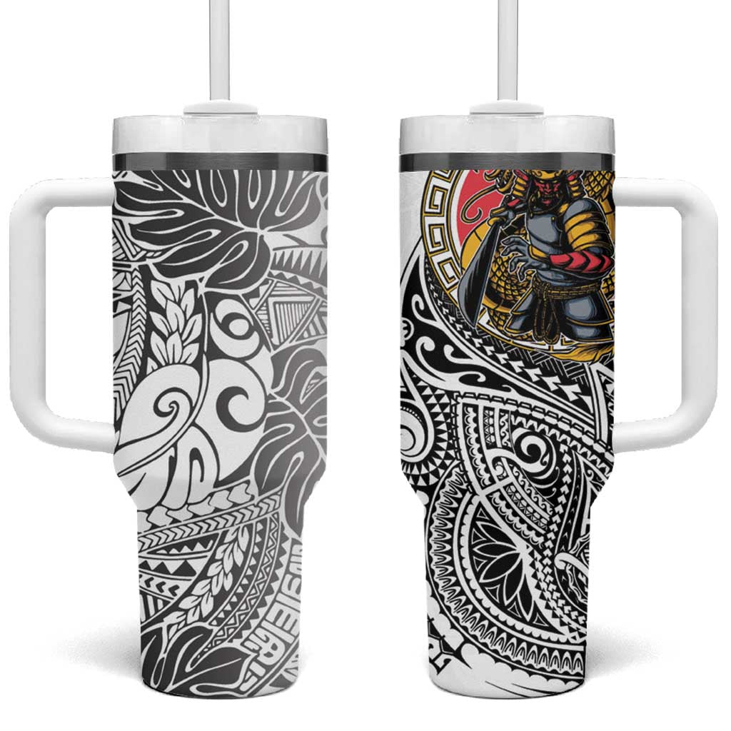 Japanese Samurai Warrior Tumbler With Handle White Polynesian Tattoo Style