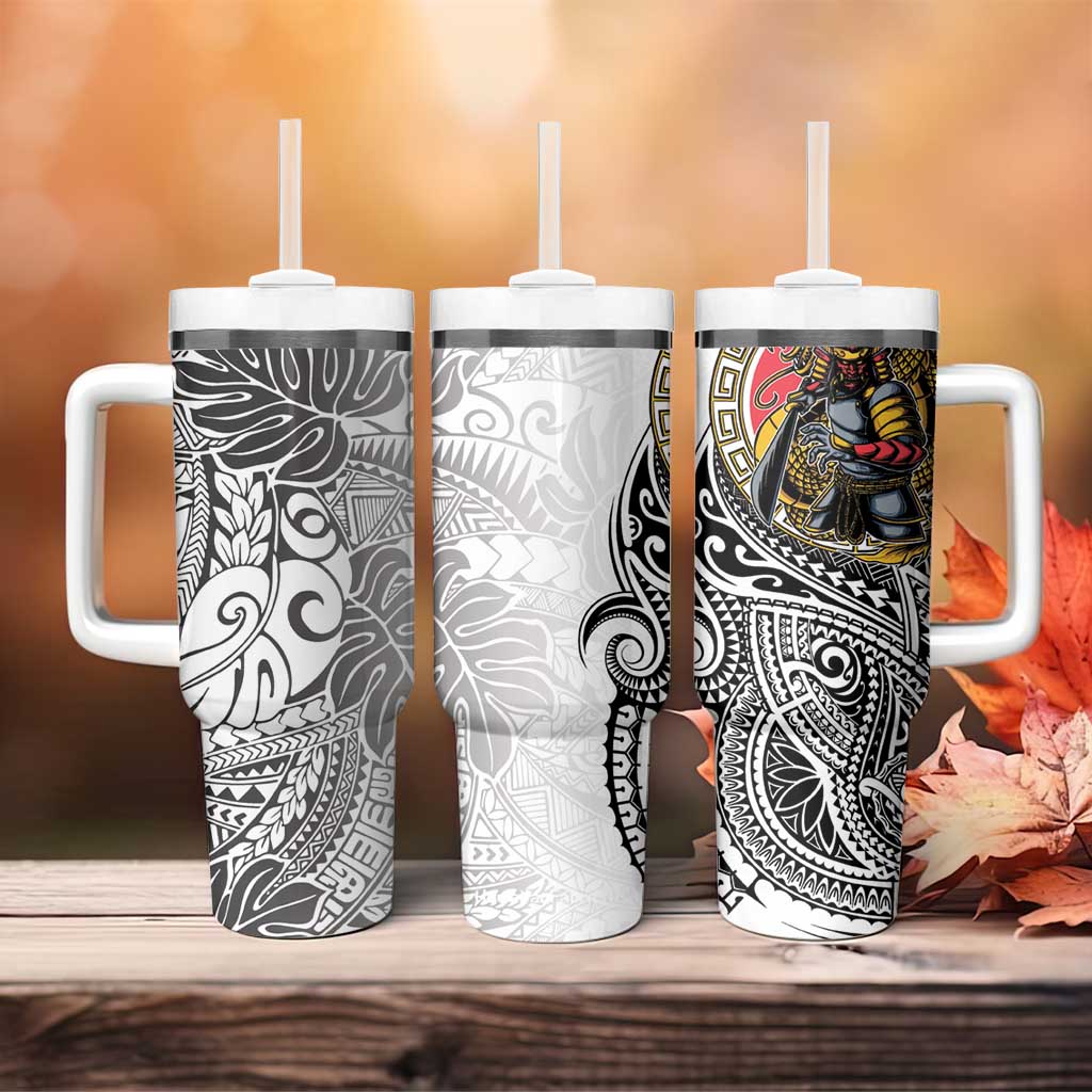 Japanese Samurai Warrior Tumbler With Handle White Polynesian Tattoo Style