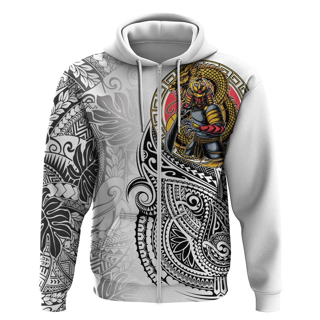 Japanese Samurai Warrior Zip Hoodie White Polynesian Tattoo Style LT9 Zip Hoodie White - Polynesian Pride