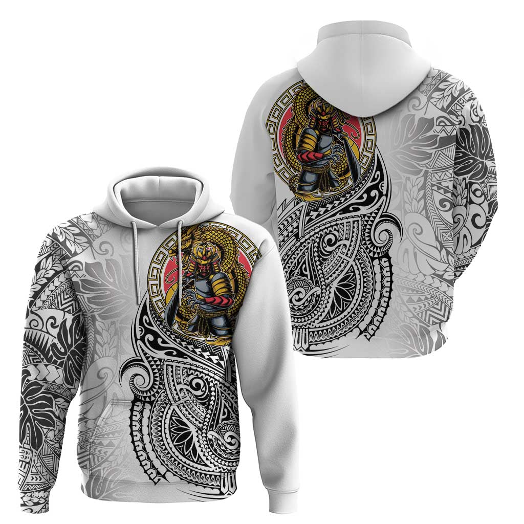 Japanese Samurai Warrior Zip Hoodie White Polynesian Tattoo Style LT9 - Polynesian Pride