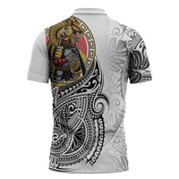 Japanese Samurai Warrior Zipper Polo Shirt White Polynesian Tattoo Style - Polynesian Pride