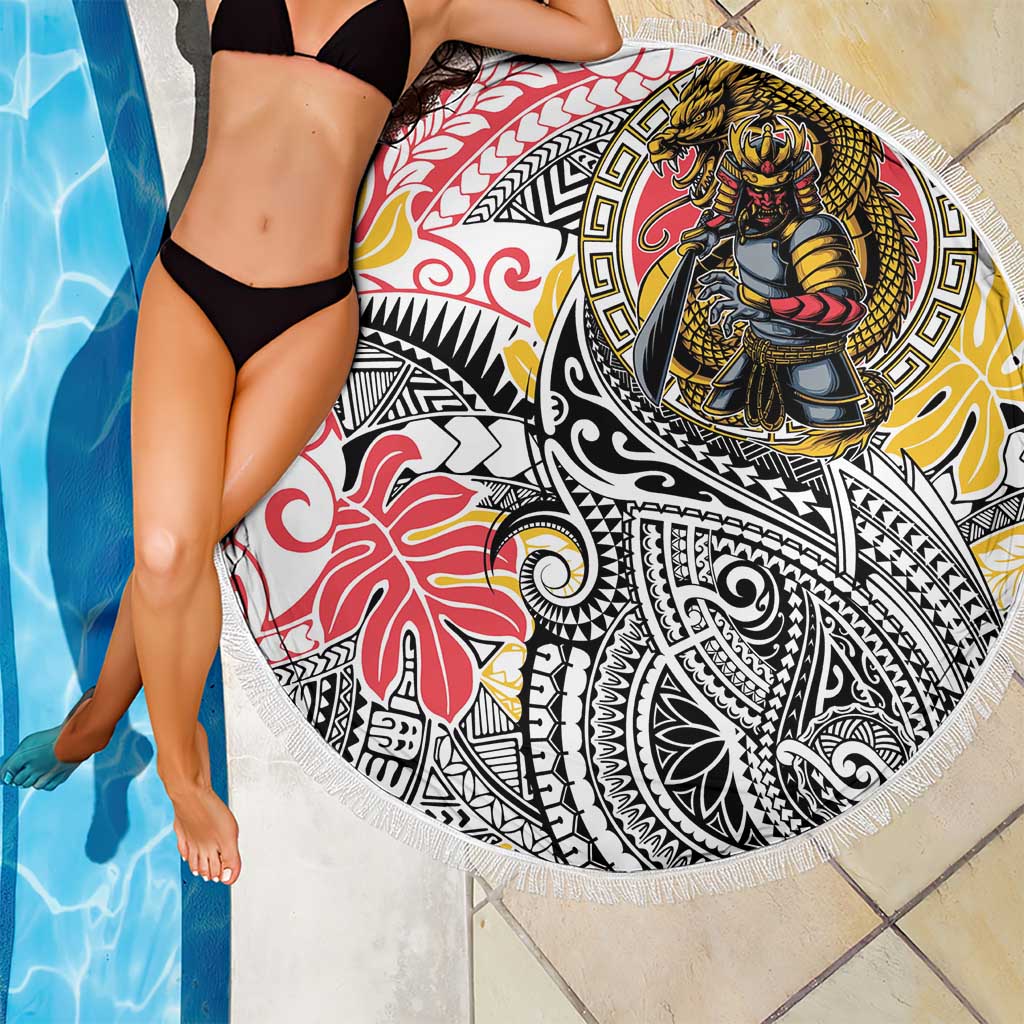 Japanese Samurai Warrior Beach Blanket Colorful Polynesian Tattoo Style