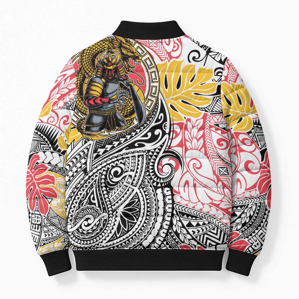 Japanese Samurai Warrior Bomber Puffer Jacket Colorful Polynesian Tattoo Style - Polynesian Pride