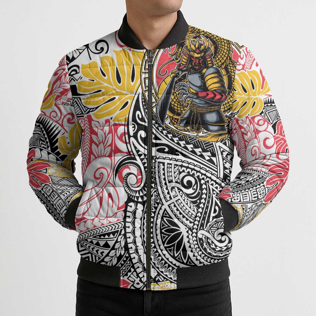 Japanese Samurai Warrior Bomber Puffer Jacket Colorful Polynesian Tattoo Style - Polynesian Pride