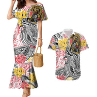 Japanese Samurai Warrior Couples Matching Mermaid Dress and Hawaiian Shirt Colorful Polynesian Tattoo Style