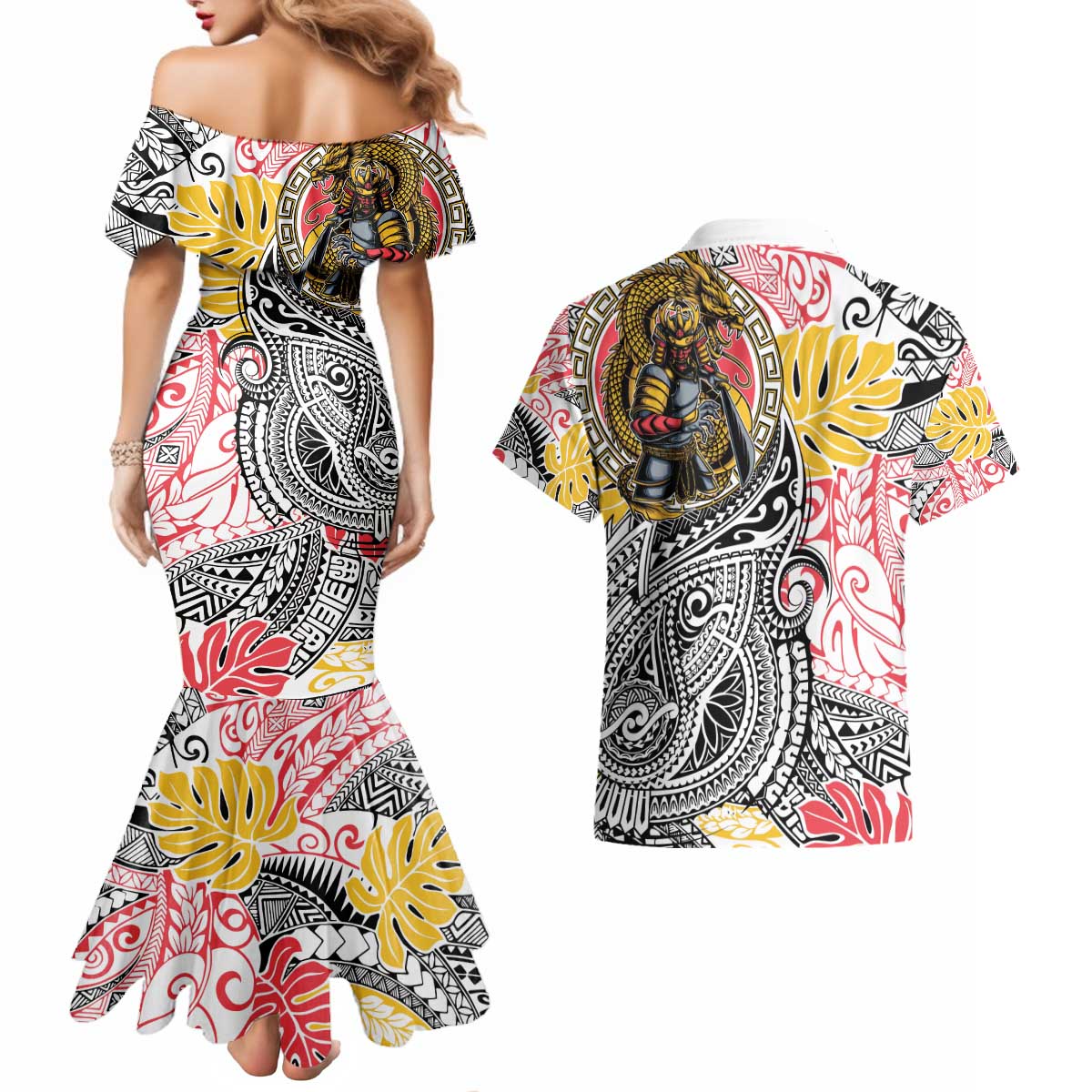Japanese Samurai Warrior Couples Matching Mermaid Dress and Hawaiian Shirt Colorful Polynesian Tattoo Style