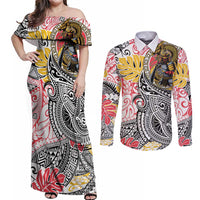 Japanese Samurai Warrior Couples Matching Off Shoulder Maxi Dress and Long Sleeve Button Shirt Colorful Polynesian Tattoo Style