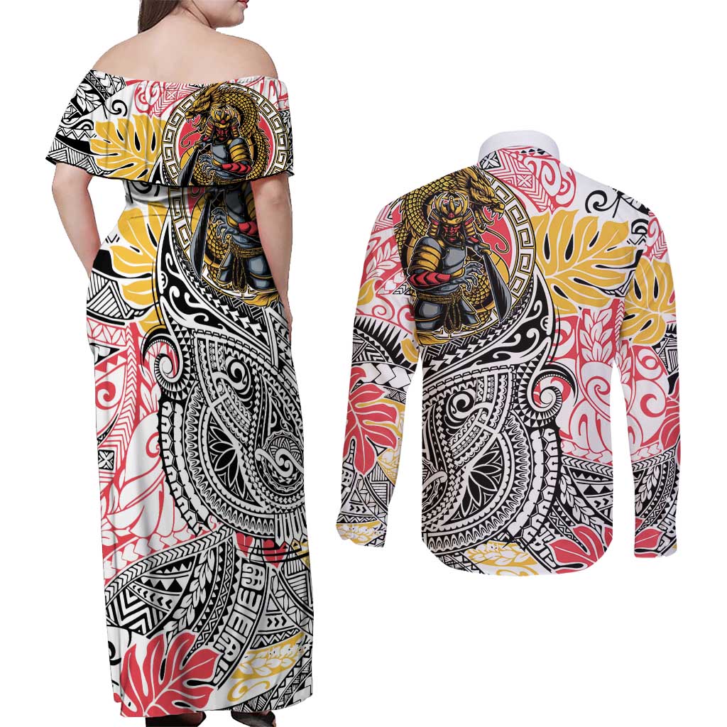 Japanese Samurai Warrior Couples Matching Off Shoulder Maxi Dress and Long Sleeve Button Shirt Colorful Polynesian Tattoo Style
