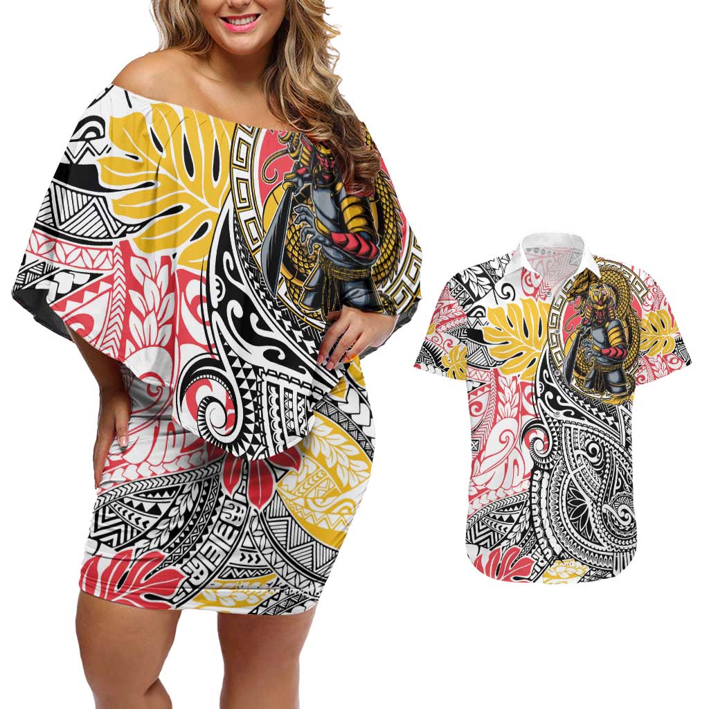 Japanese Samurai Warrior Couples Matching Off Shoulder Short Dress and Hawaiian Shirt Colorful Polynesian Tattoo Style