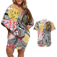 Japanese Samurai Warrior Couples Matching Off Shoulder Short Dress and Hawaiian Shirt Colorful Polynesian Tattoo Style