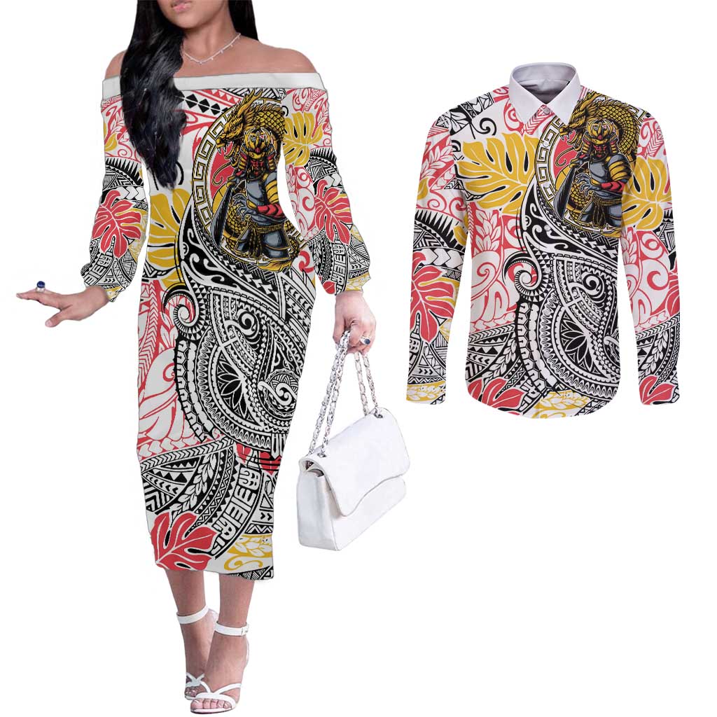 Japanese Samurai Warrior Couples Matching Off The Shoulder Long Sleeve Dress and Long Sleeve Button Shirt Colorful Polynesian Tattoo Style