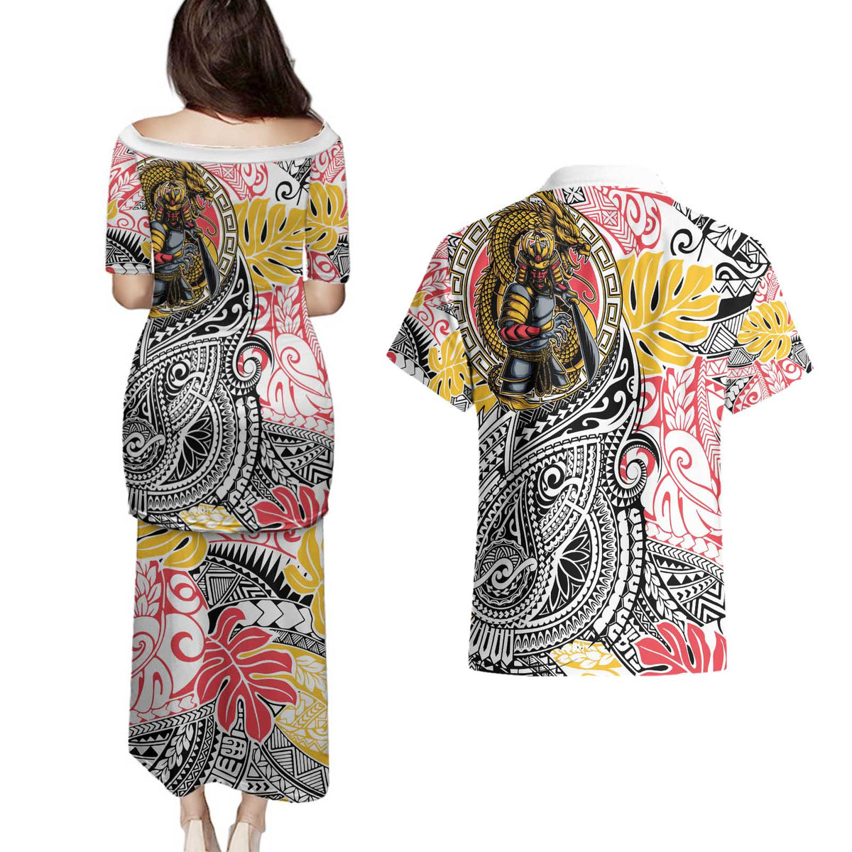 Japanese Samurai Warrior Couples Matching Puletasi and Hawaiian Shirt Colorful Polynesian Tattoo Style