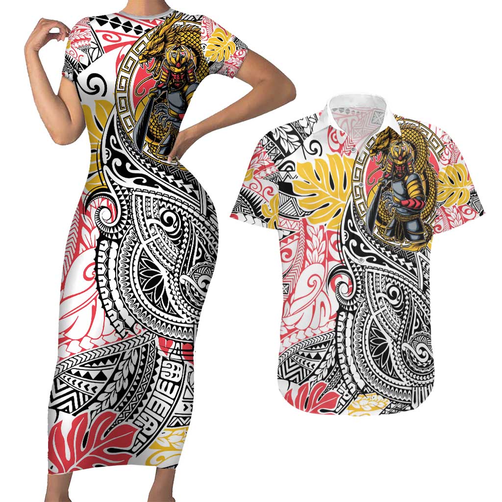 Japanese Samurai Warrior Couples Matching Short Sleeve Bodycon Dress and Hawaiian Shirt Colorful Polynesian Tattoo Style
